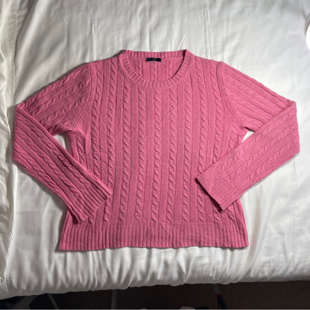 J. Crew Cable Crewneck Knit Pink Peony Rose Sweater Classic Wool Cashmere Blend